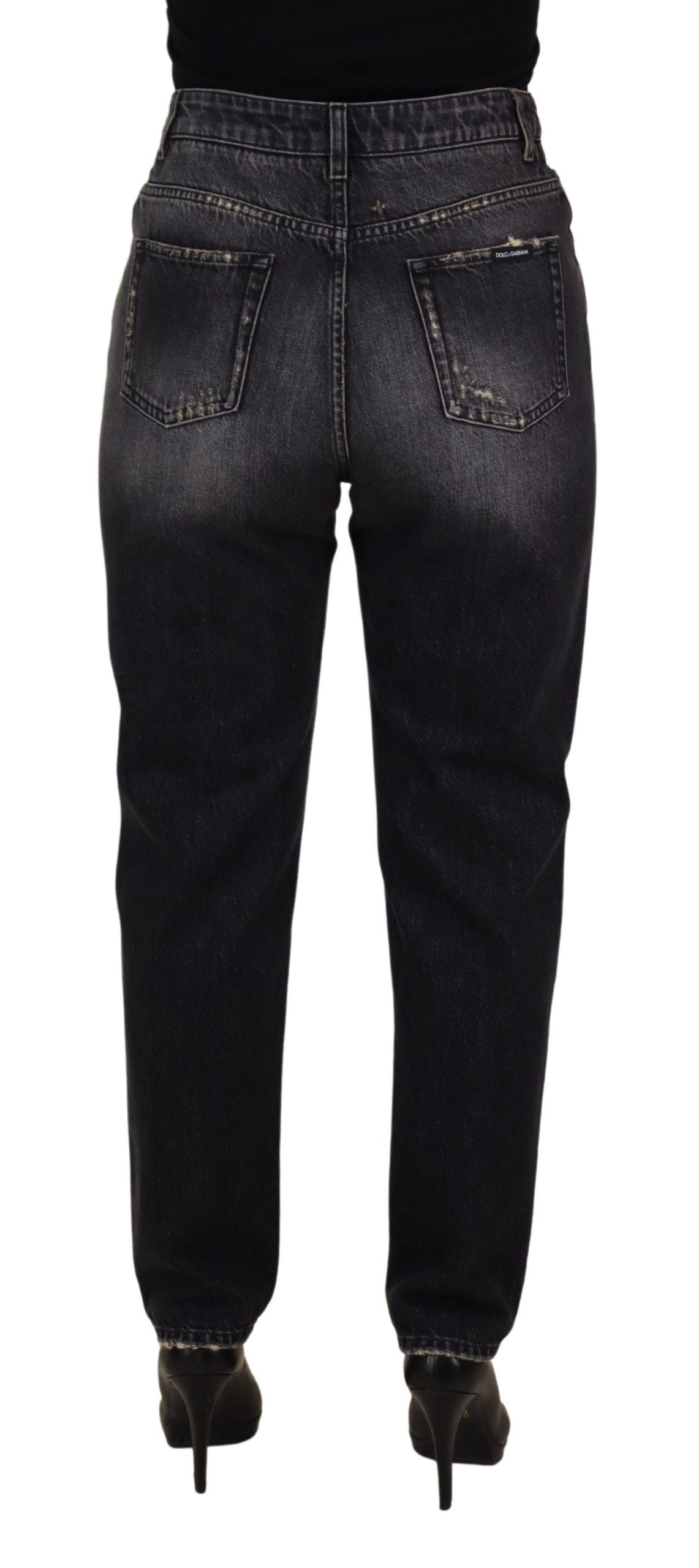 New Dolce & Gabbana Black Washed Tattered High Waist Denim Jeans