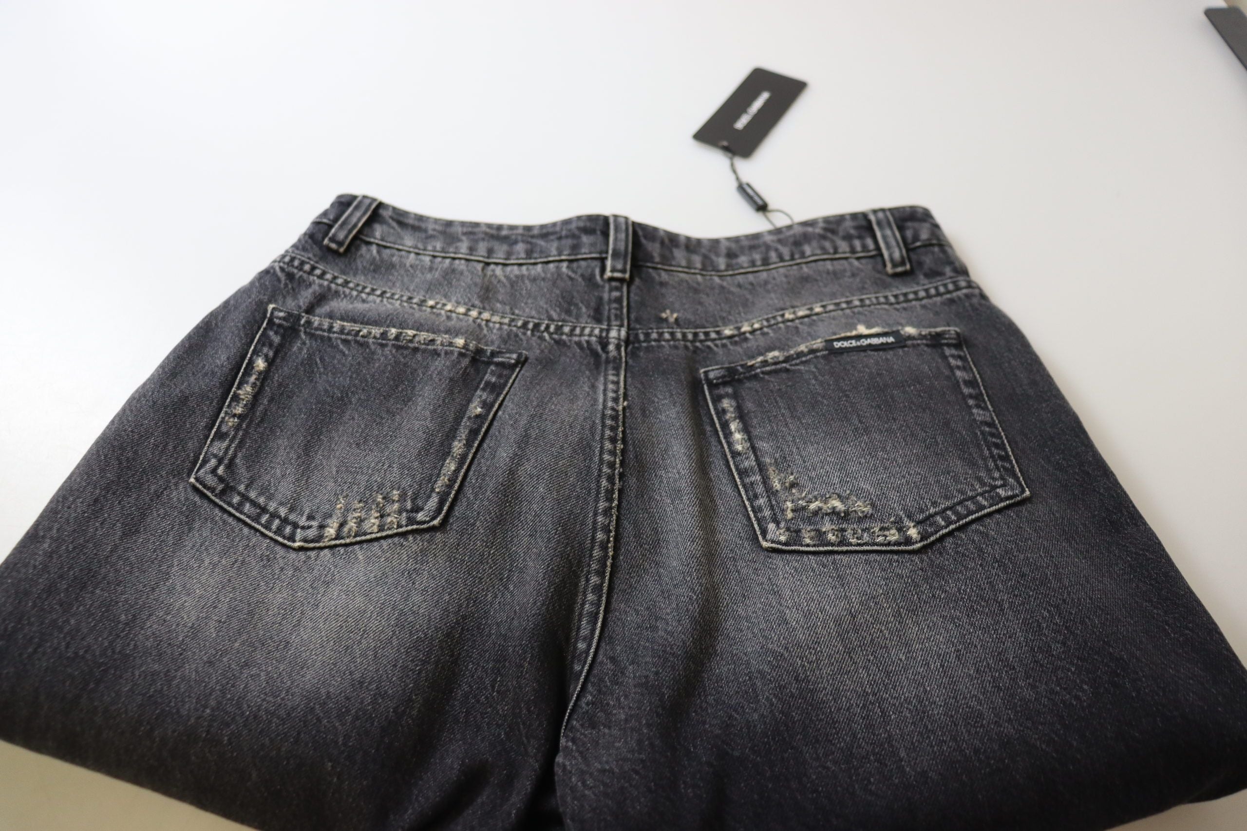 New Dolce & Gabbana Black Washed Tattered High Waist Denim Jeans