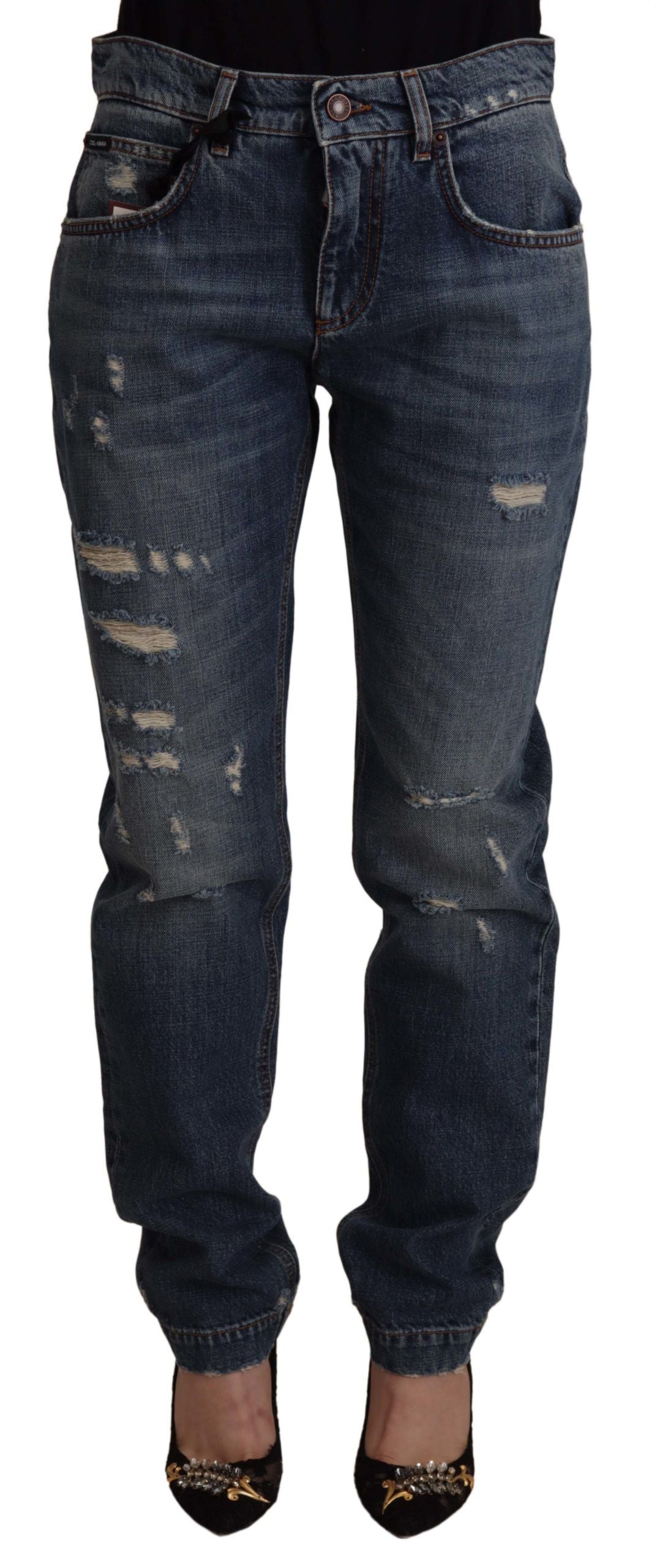 New Dolce & Gabbana Blue Denim Baroque Heart Logo Patch Pants Jeans