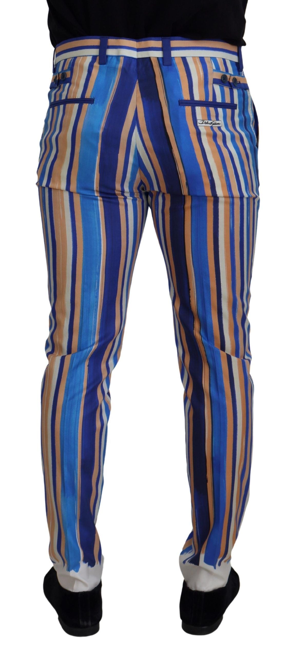 New Dolce & Gabbana Blue Striped Silk Cotton Slim Trousers Pants