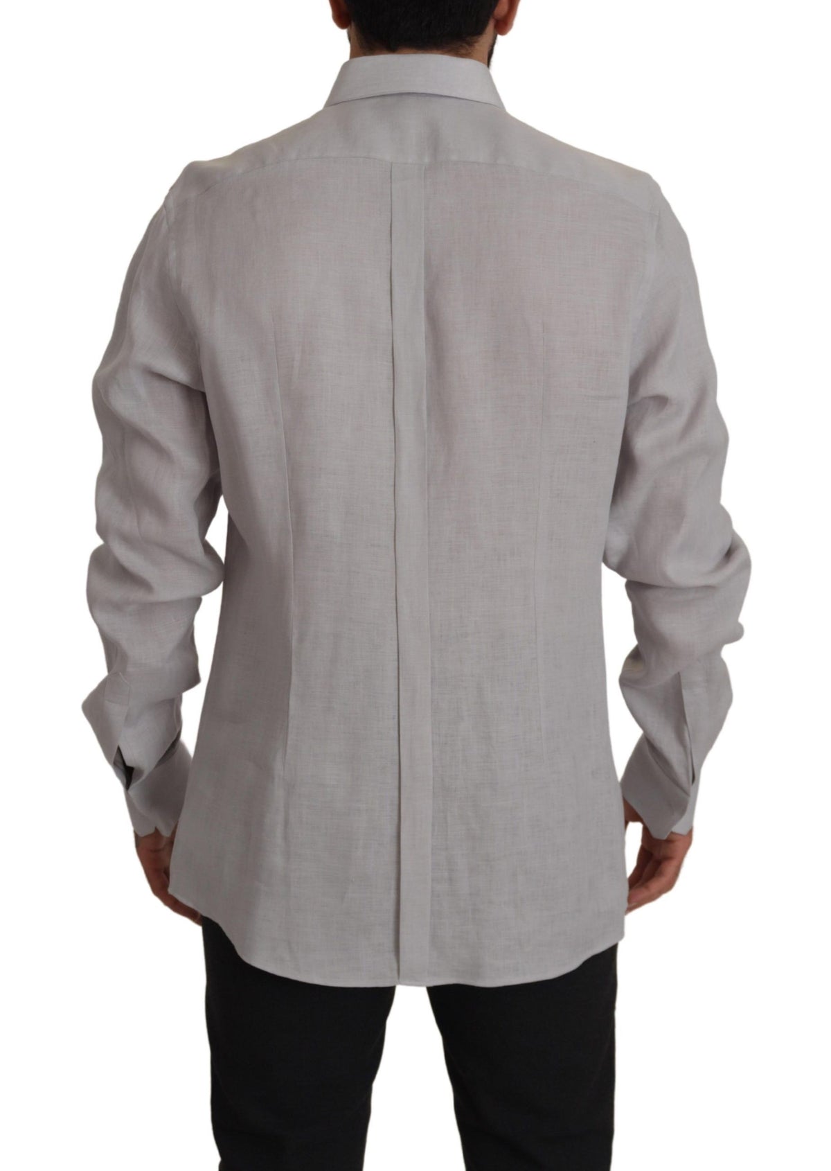 New Dolce & Gabbana Gray Linen Long Sleeves Formal GOLD Shirt
