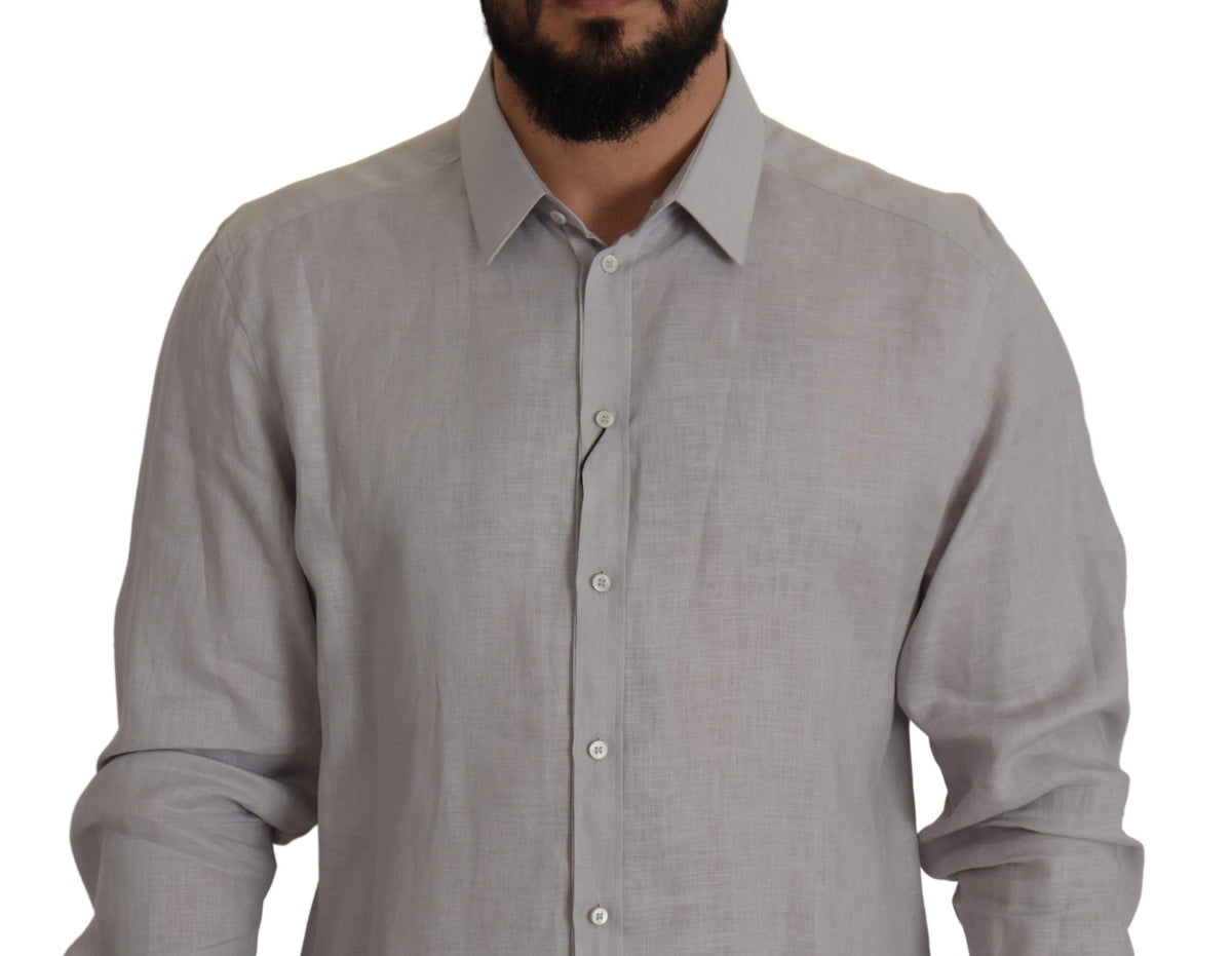 New Dolce & Gabbana Gray Linen Long Sleeves Formal GOLD Shirt
