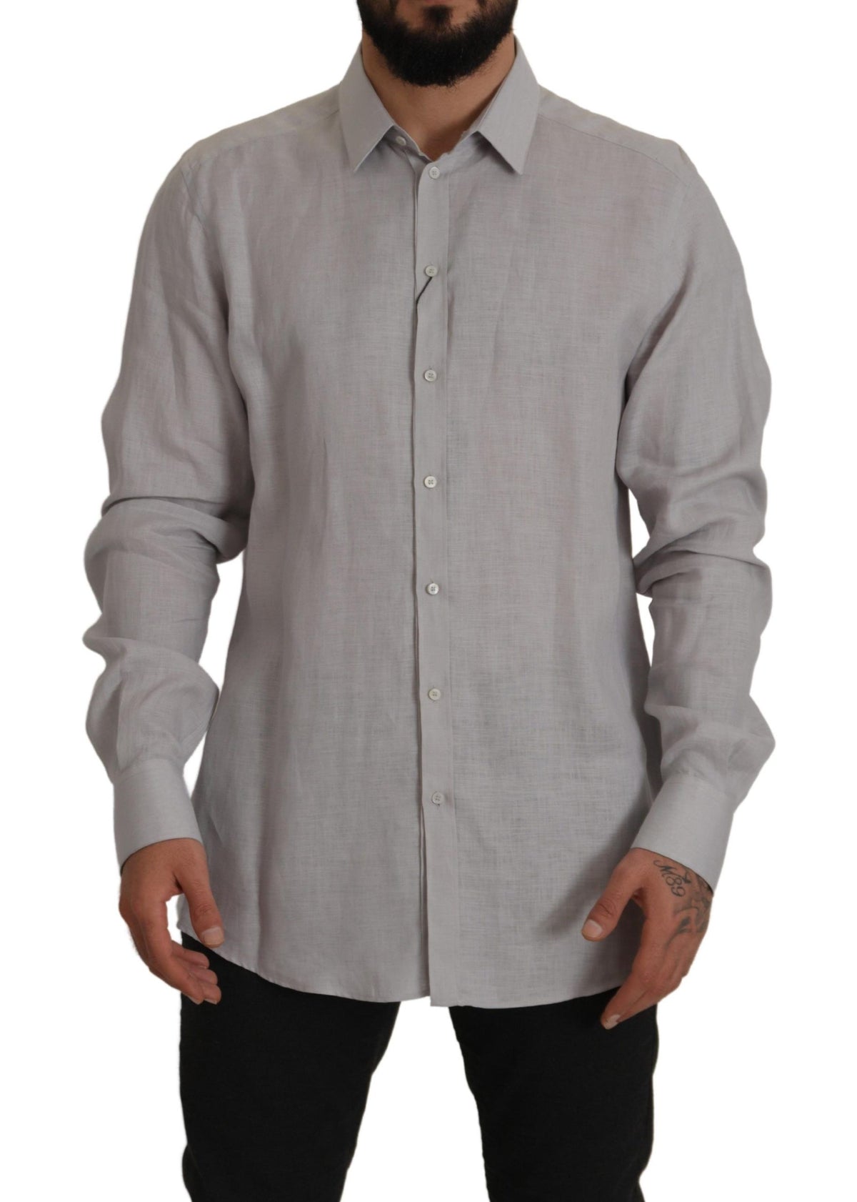 New Dolce & Gabbana Gray Linen Long Sleeves Formal GOLD Shirt