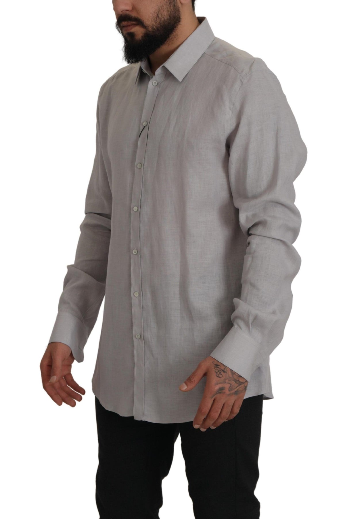 New Dolce & Gabbana Gray Linen Long Sleeves Formal GOLD Shirt
