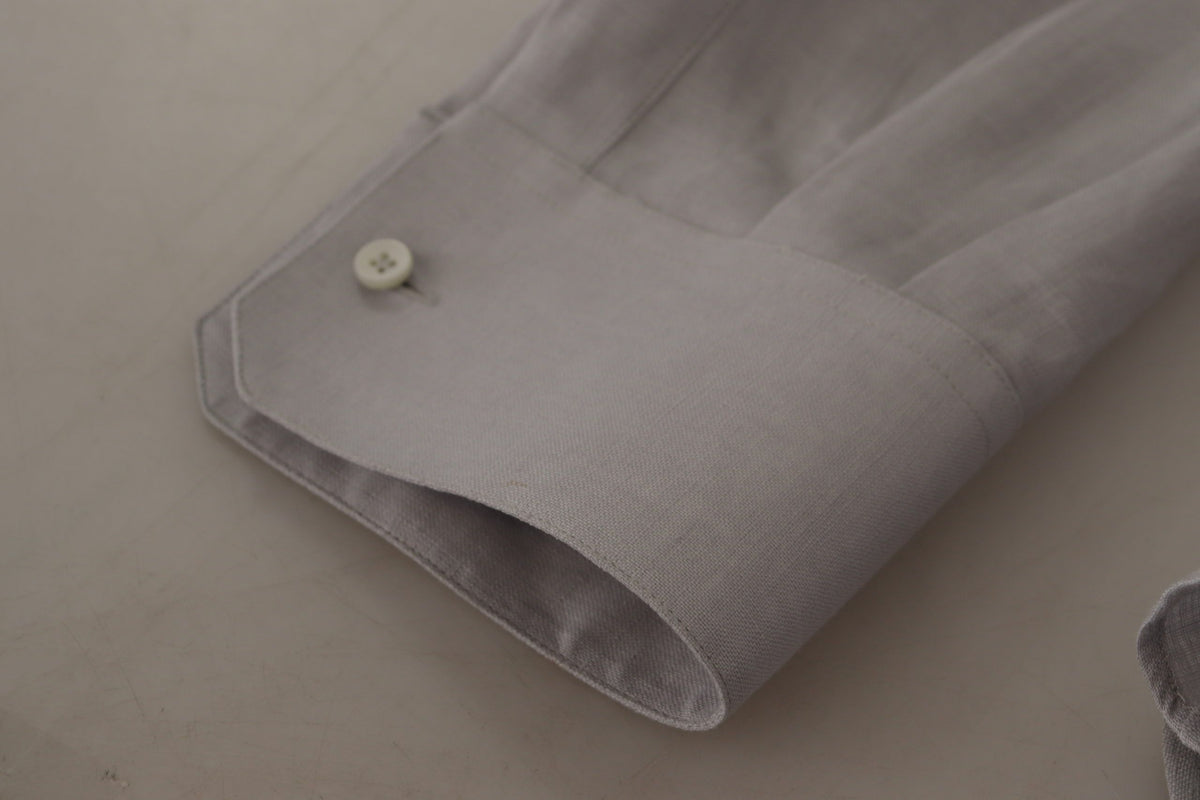 New Dolce & Gabbana Gray Linen Long Sleeves Formal GOLD Shirt