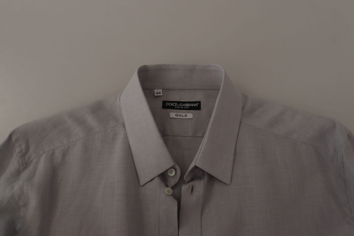 New Dolce & Gabbana Gray Linen Long Sleeves Formal GOLD Shirt