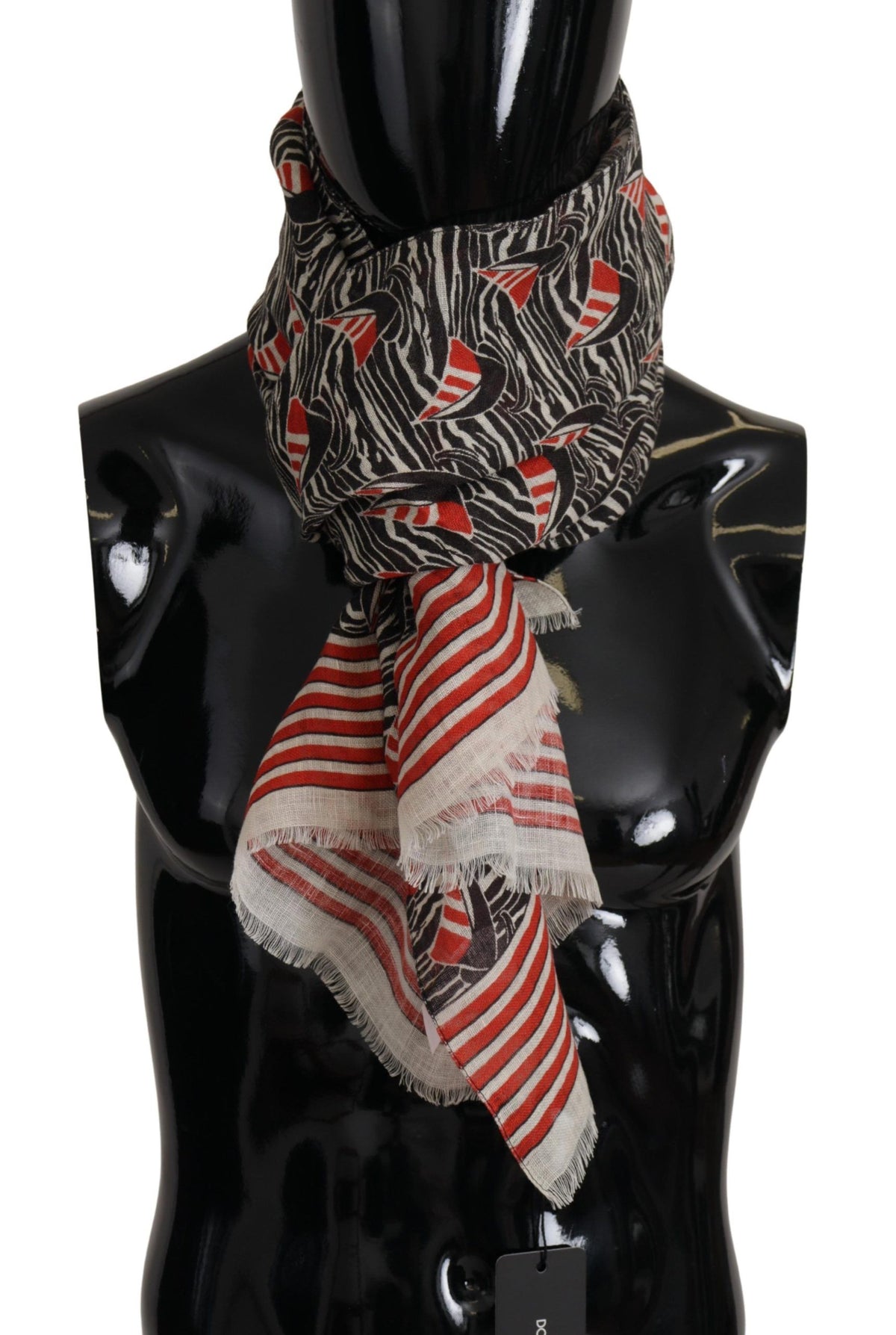 New Dolce & Gabbana Black Red Linen Sailboat Stripe Print Shawl Scarf