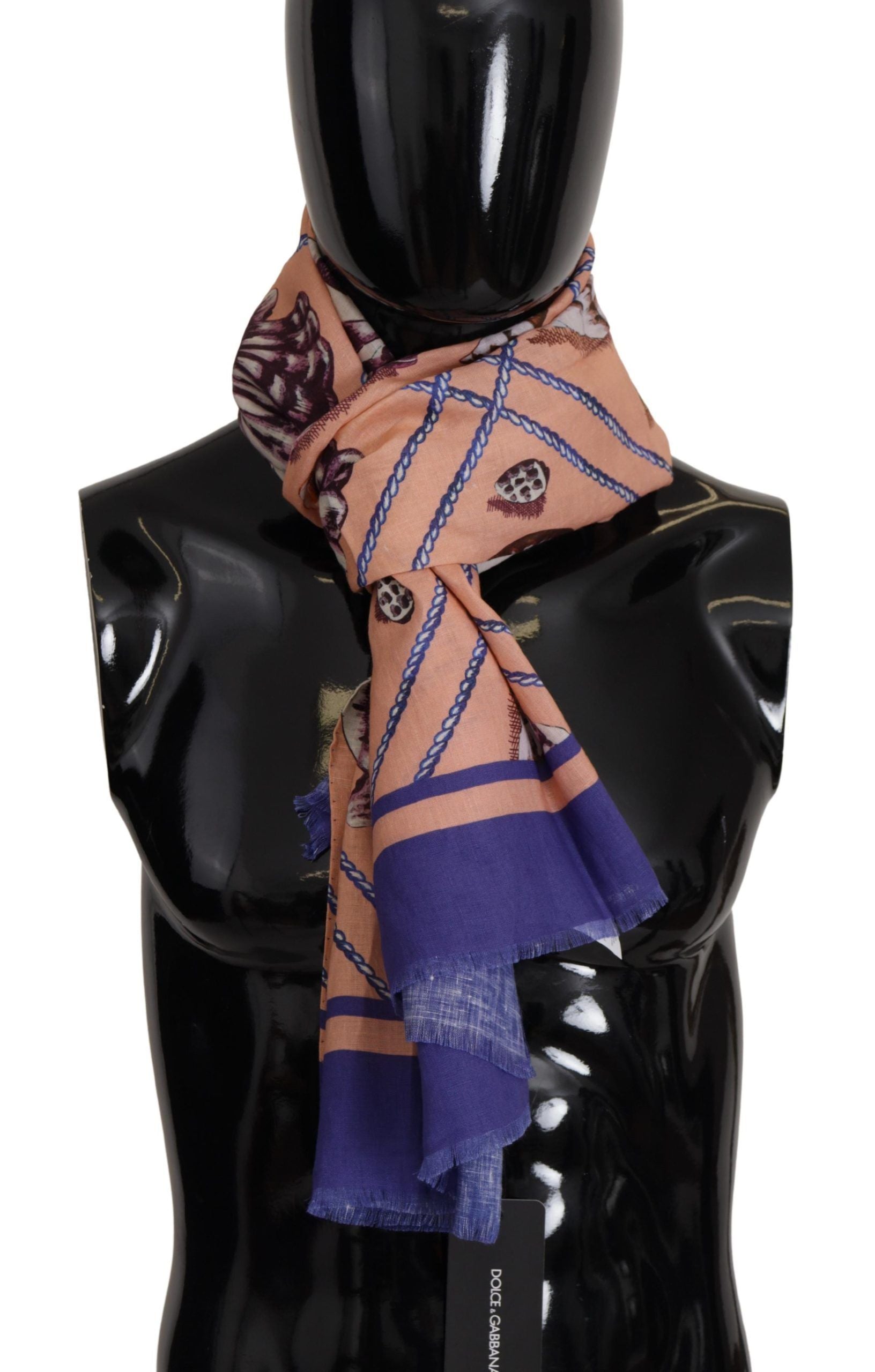 New Dolce & Gabbana Blue Linen Seashell Pattern Mens Wrap Shawl Scarf