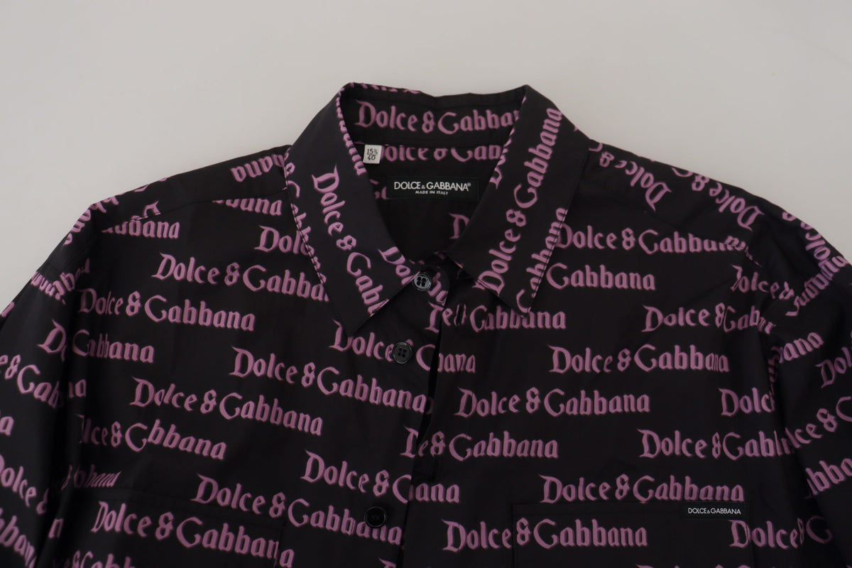 New Dolce & Gabbana Black Purple Logo Slim Dress Formal Shirt