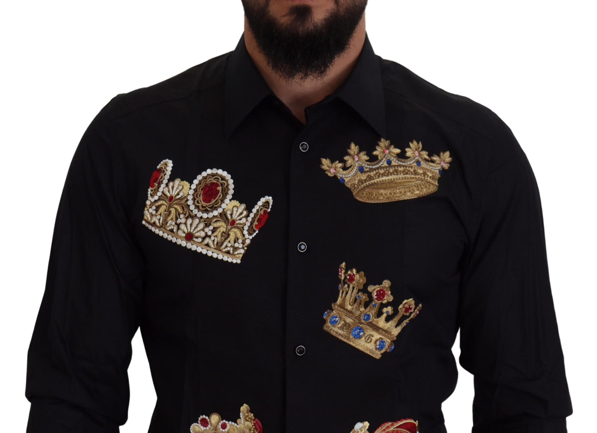 New Dolce & Gabbana Black Gold Crown Slim Fit Dress Formal Shirt