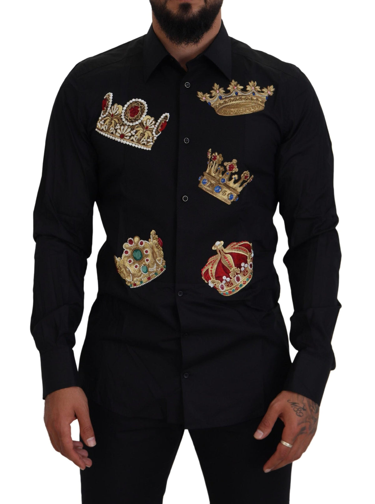 New Dolce & Gabbana Black Gold Crown Slim Fit Dress Formal Shirt