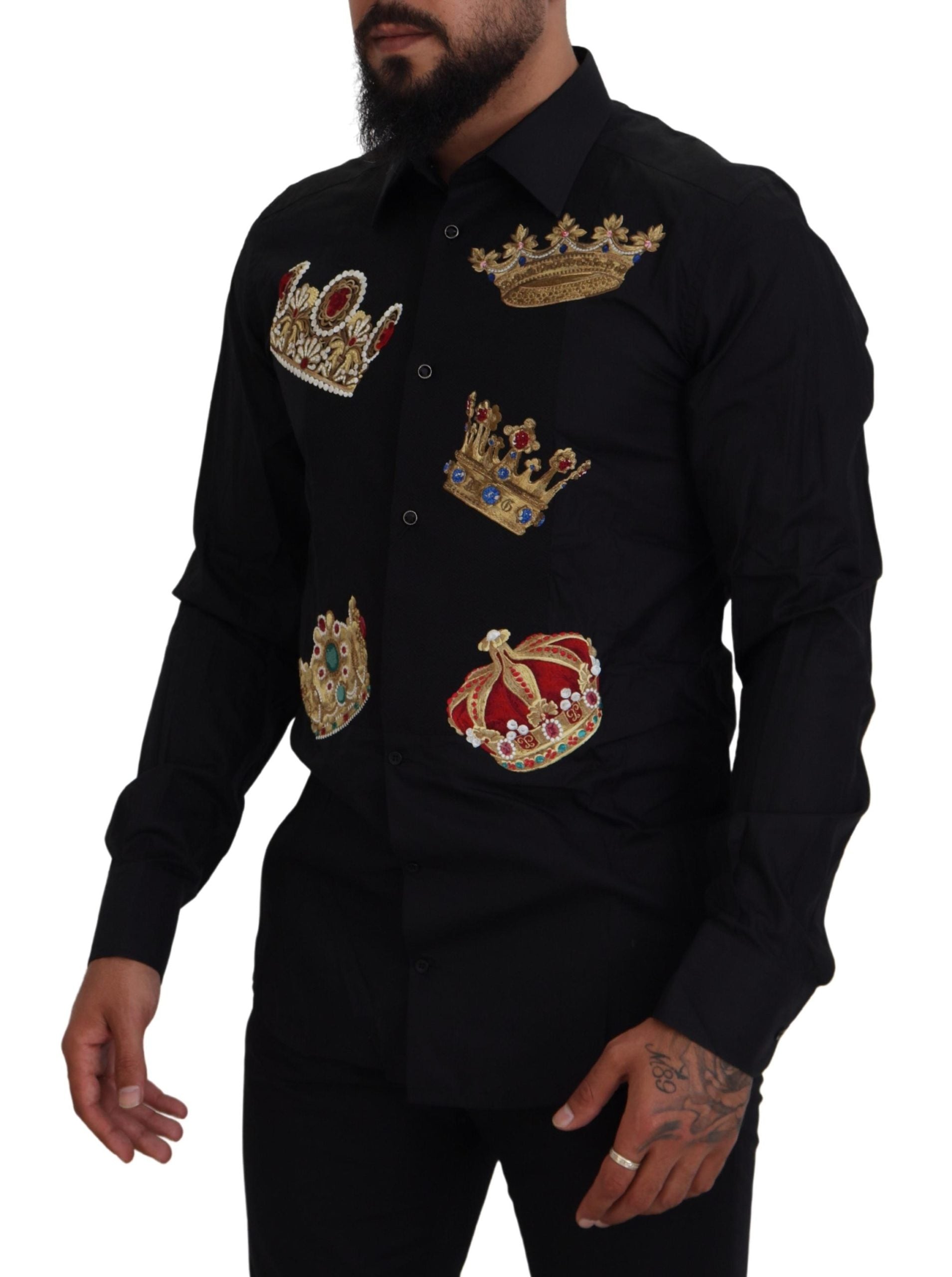 New Dolce & Gabbana Black Gold Crown Slim Fit Dress Formal Shirt