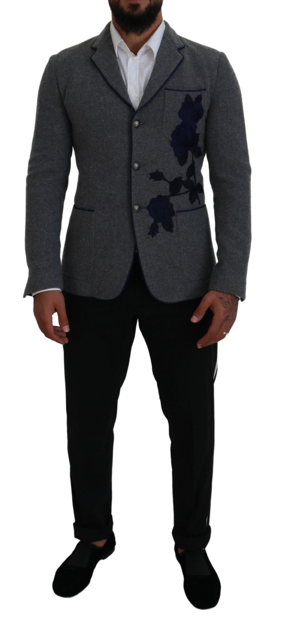 New Dolce & Gabbana Gray Wool Roses Slim Fit Jacket Blazer