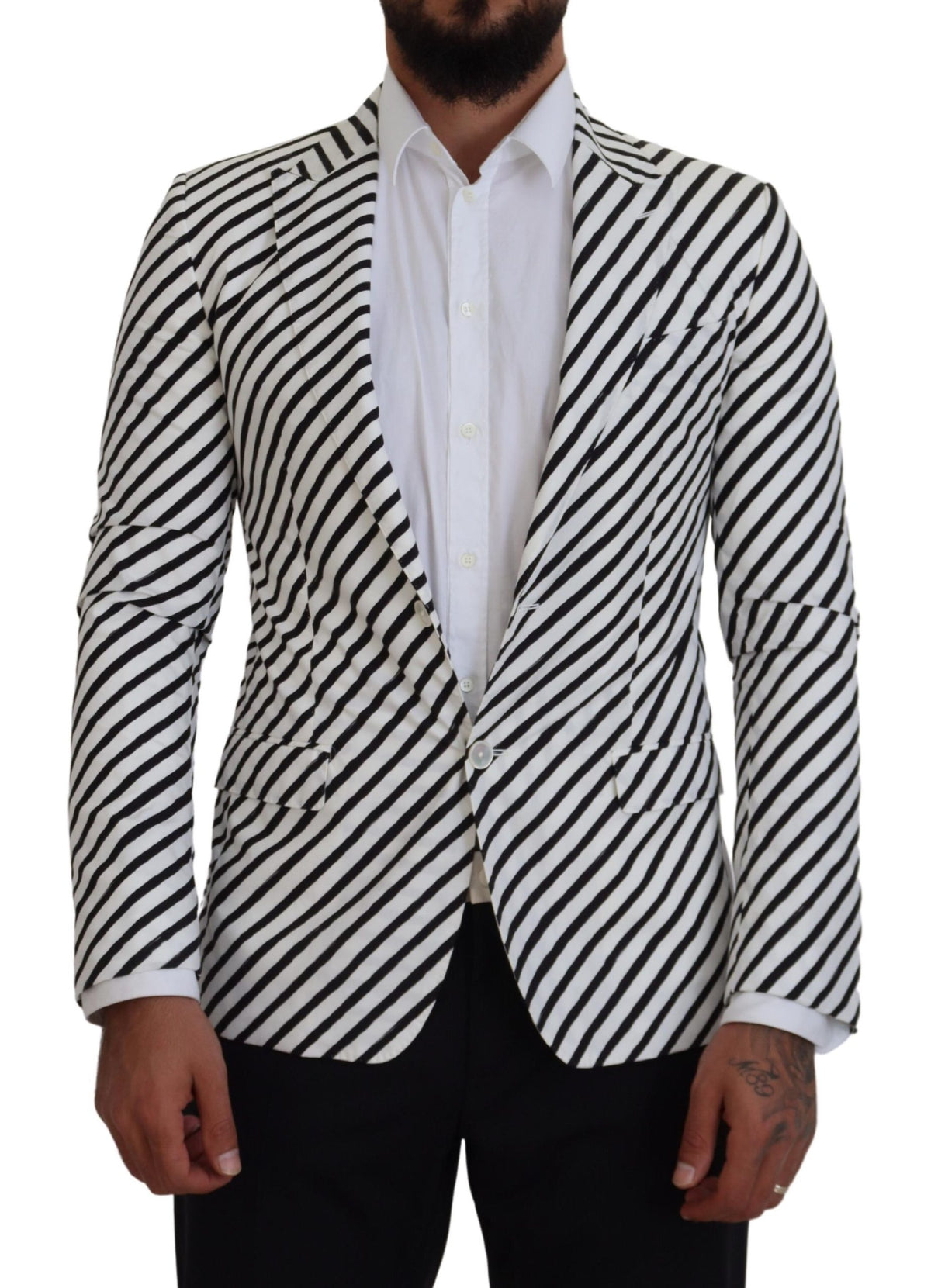 New Dolce & Gabbana White Black Striped Slim Fit Jacket Blazer