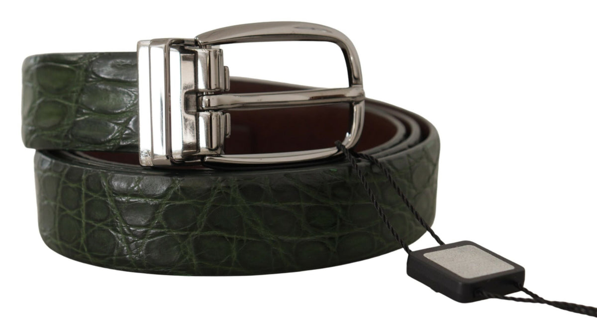 New Dolce & Gabbana Green Exotic Leather Silver Buckle Belt