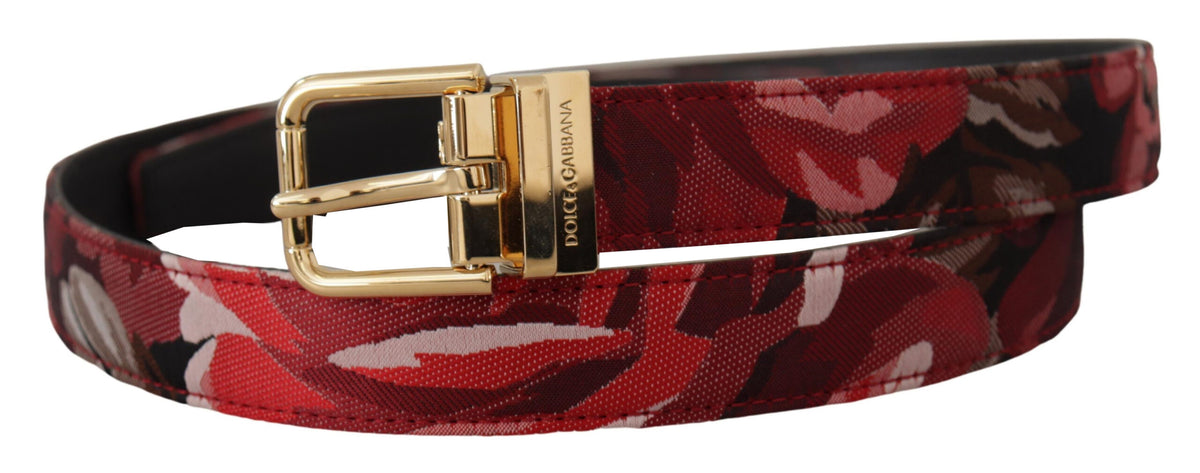 New Dolce & Gabbana Red Jacquard Rose Leather Gold Metal Buckle Belt