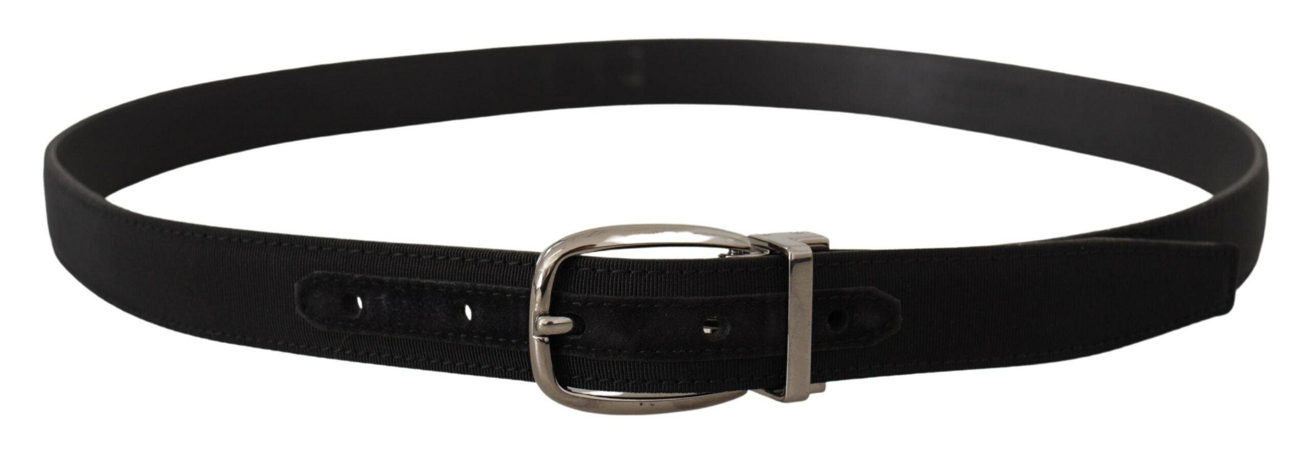 New Dolce & Gabbana Black Grosgrain Leather Silver Logo Buckle Belt