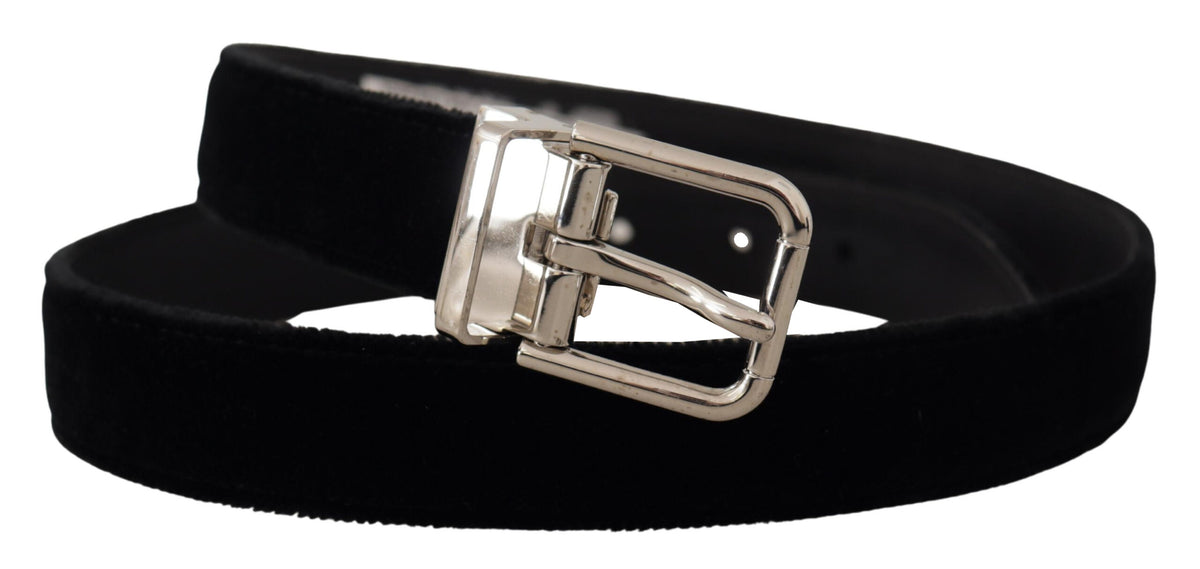 New Dolce & Gabbana Black Velvet Silver Tone Metal Logo Buckle Belt