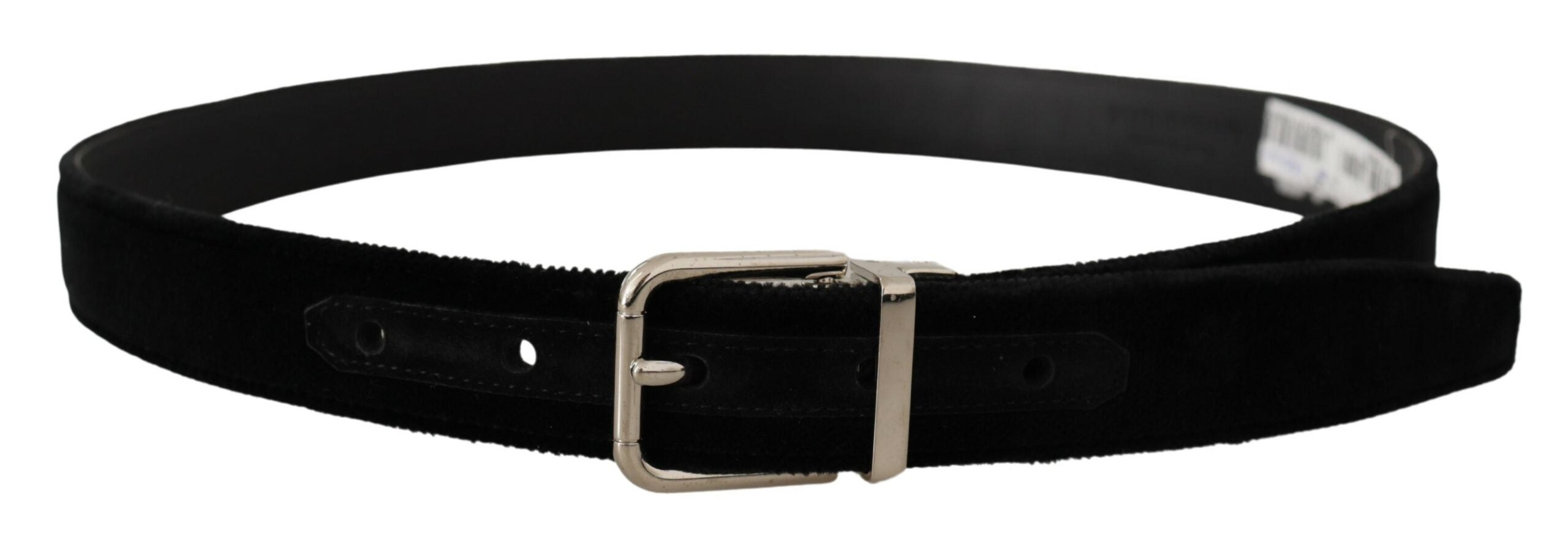 New Dolce & Gabbana Black Velvet Silver Tone Metal Logo Buckle Belt