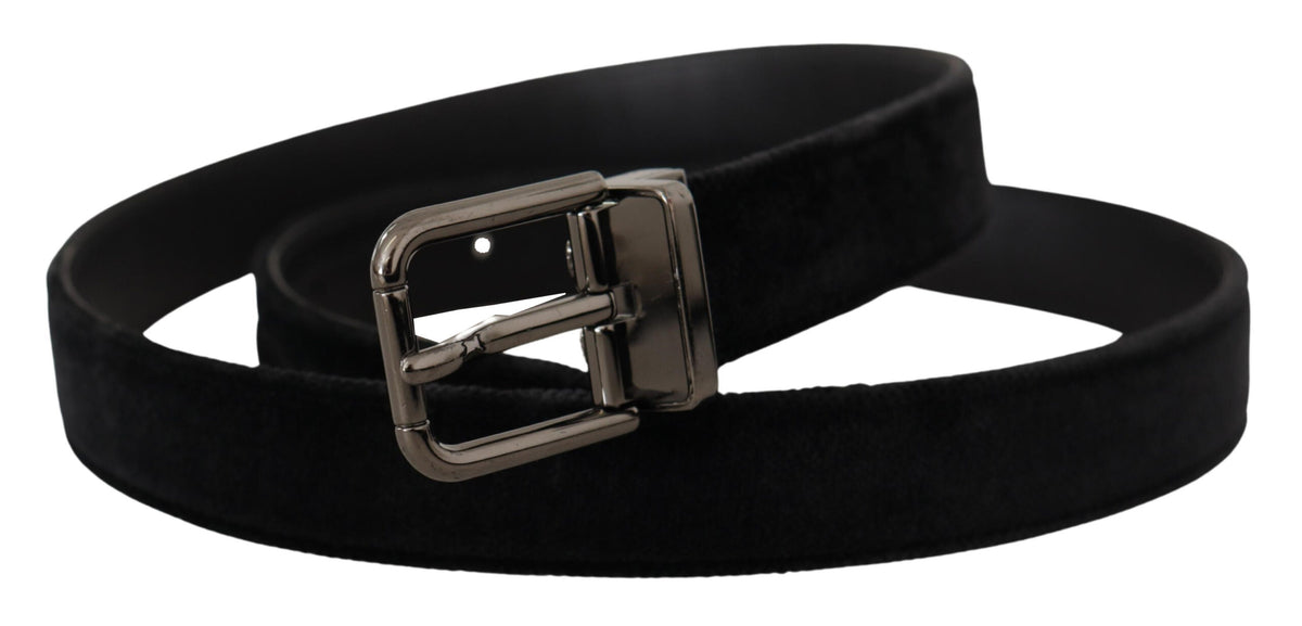 New Dolce & Gabbana Black Velvet Silver Tone Logo Metal Buckle Belt