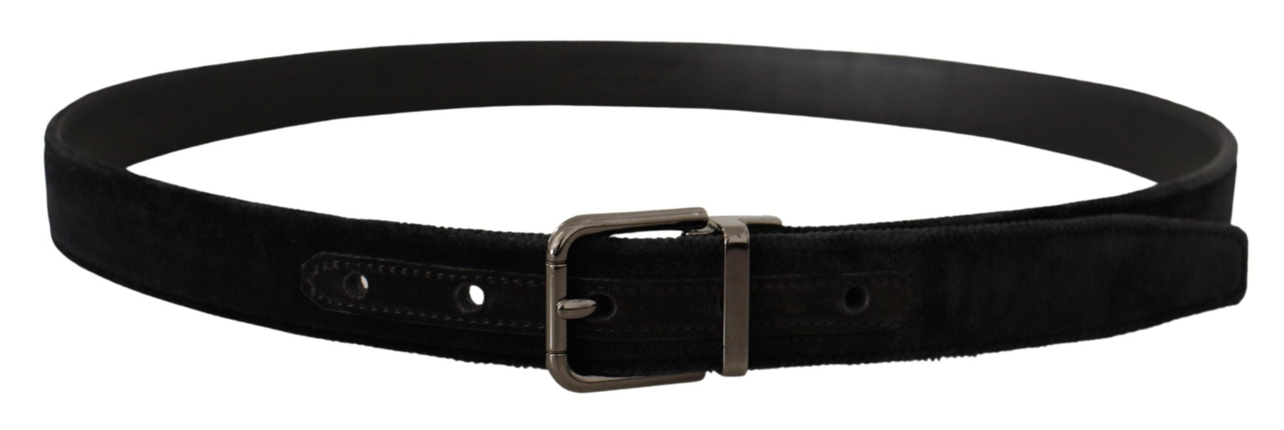 New Dolce & Gabbana Black Velvet Silver Tone Logo Metal Buckle Belt