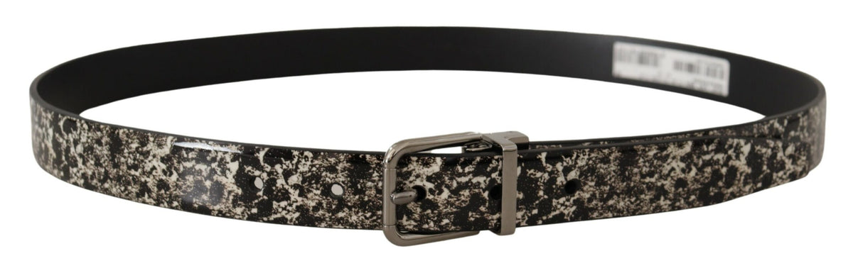 New Dolce & Gabbana Black Marble Print Leather Silver Logo Buckle Belt