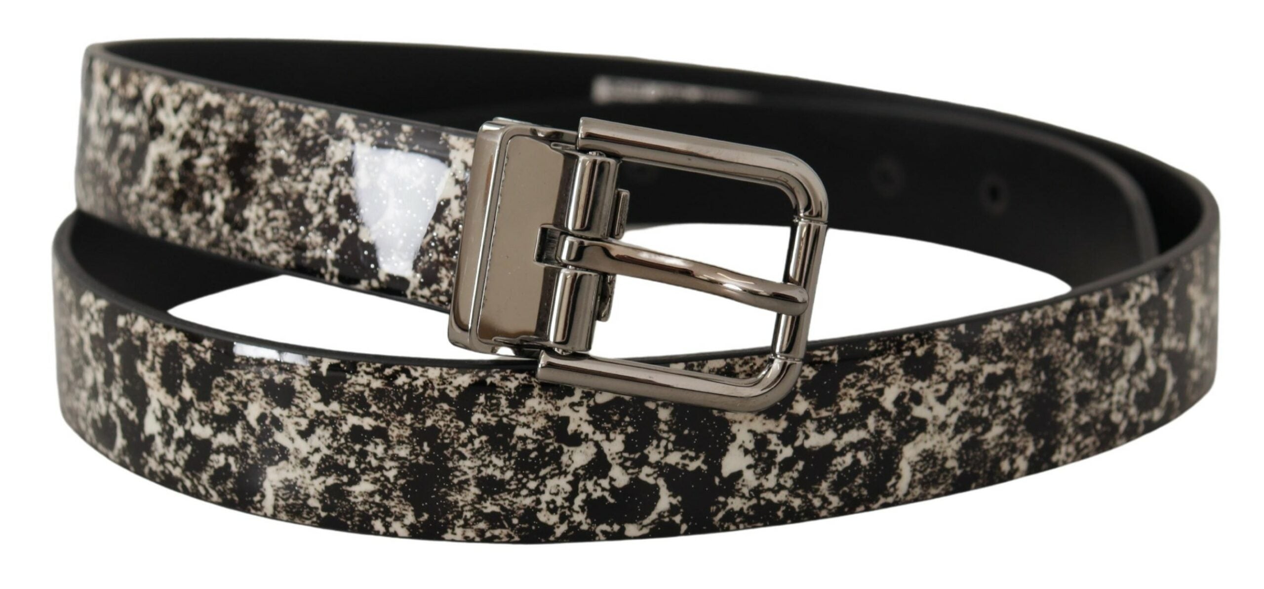 New Dolce & Gabbana Black Marble Print Leather Silver Logo Buckle Belt