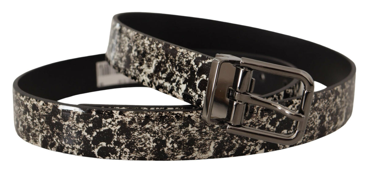 New Dolce & Gabbana Black Marble Print Leather Gray Logo Belt