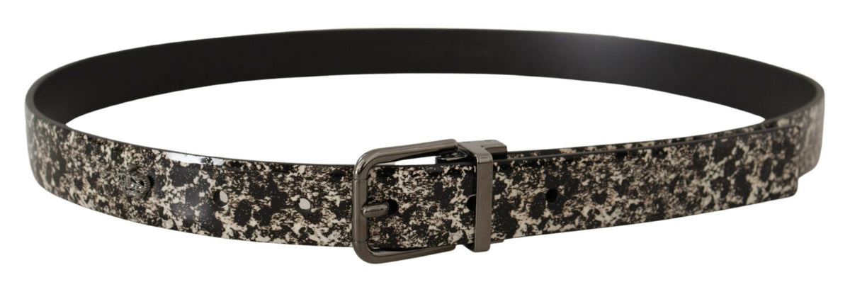 New Dolce & Gabbana Black Marble Print Leather Gray Logo Belt