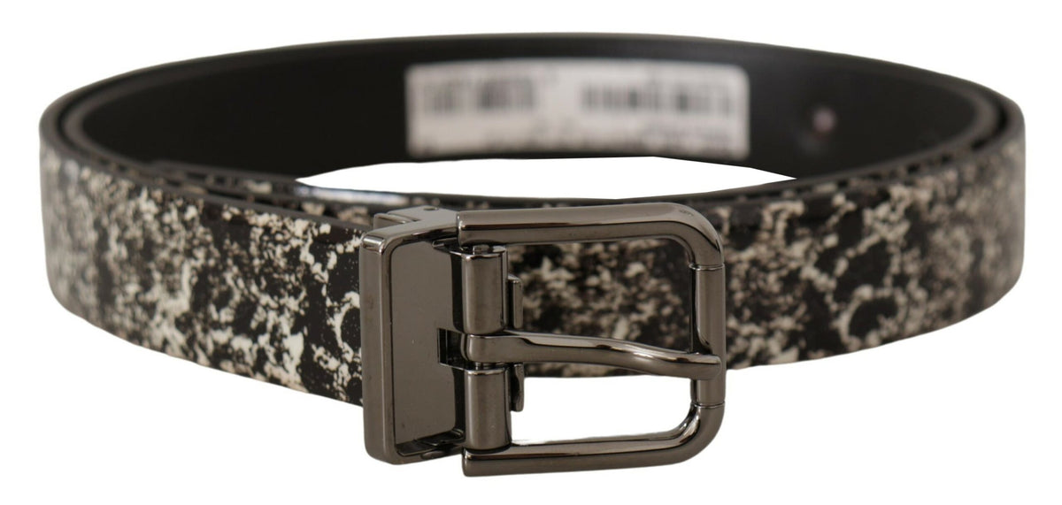 New Dolce & Gabbana Black Marble Print Leather Gray Logo Belt