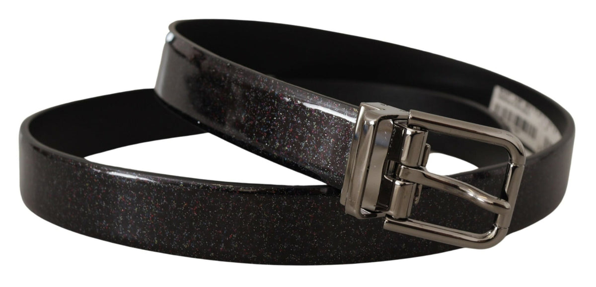 New Dolce & Gabbana Black Vernice Puntinata Leather Silver Tone Metal Belt