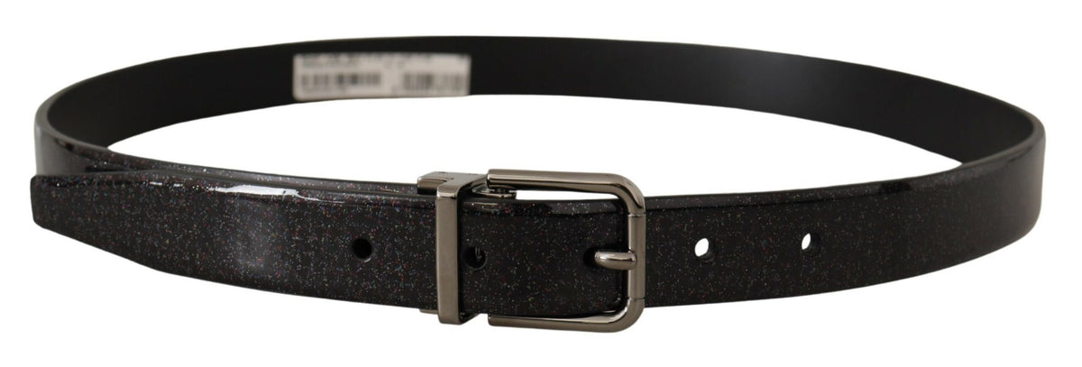 New Dolce & Gabbana Black Vernice Puntinata Leather Silver Tone Metal Belt