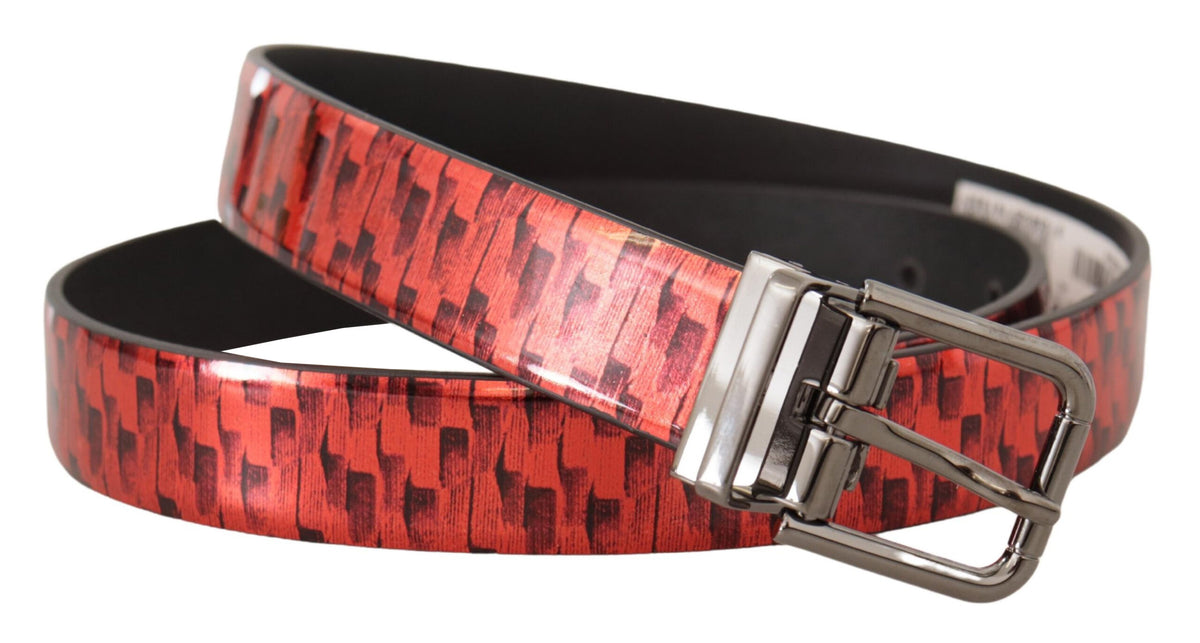 New Dolce & Gabbana Red Herringbone Leather Gray Tone Buckle Belt