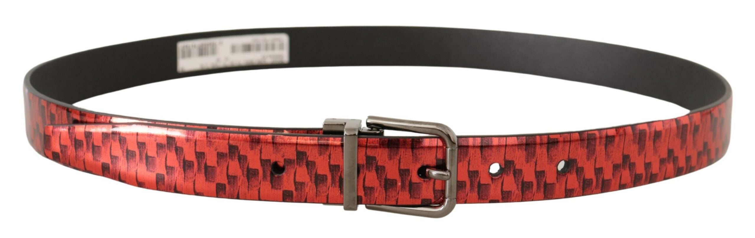 New Dolce & Gabbana Red Herringbone Leather Gray Tone Buckle Belt