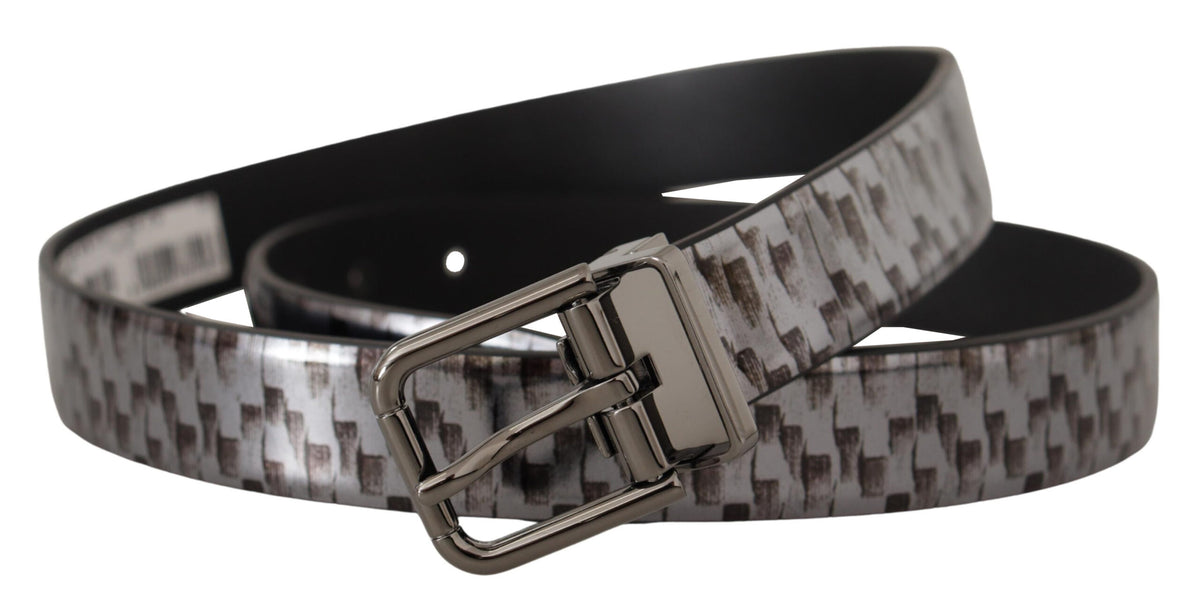New Dolce & Gabbana Gray Herringbone Leather Gray 3D Metal Buckle Belt