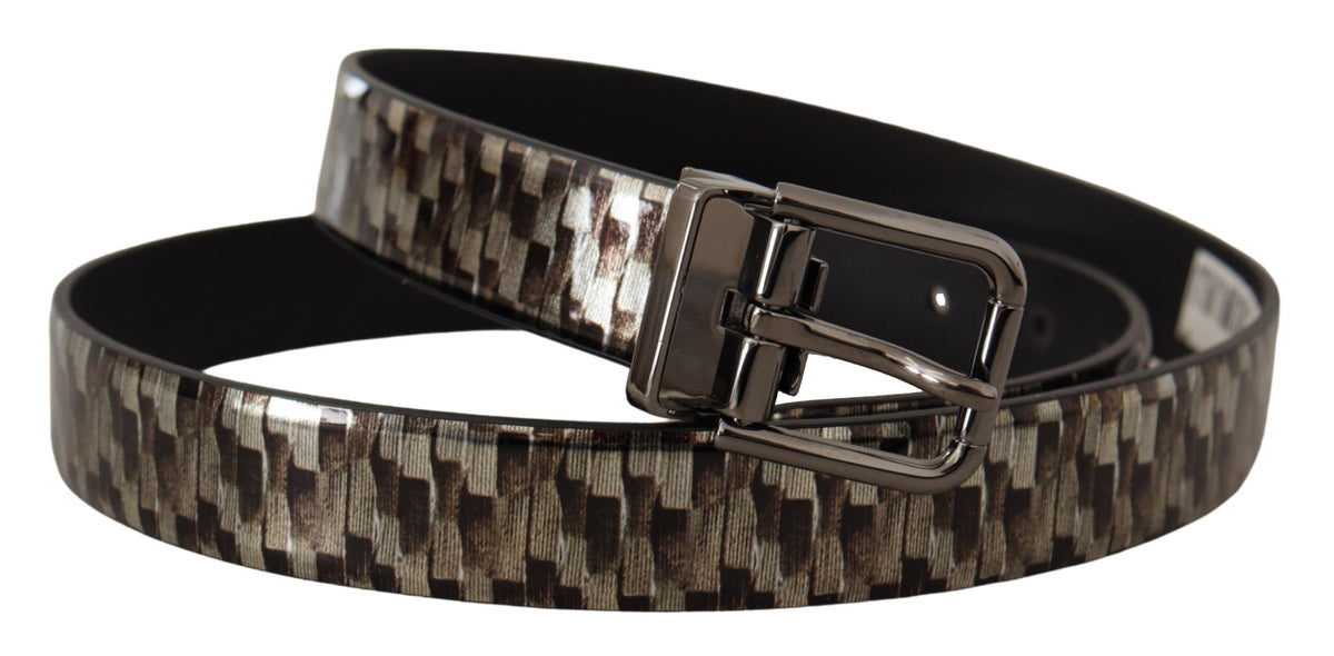 New Dolce & Gabbana Brown Herringbone Leather Gray Belt