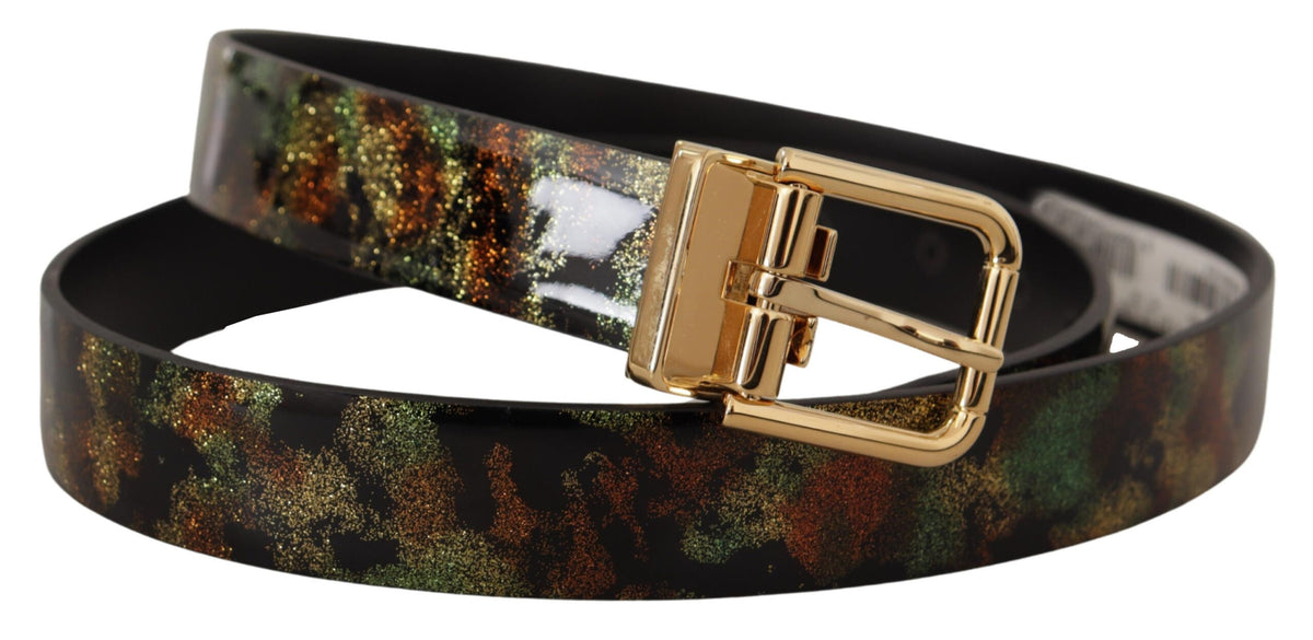New Dolce & Gabbana Black Green Leather Bronze Metal Buckle Belt