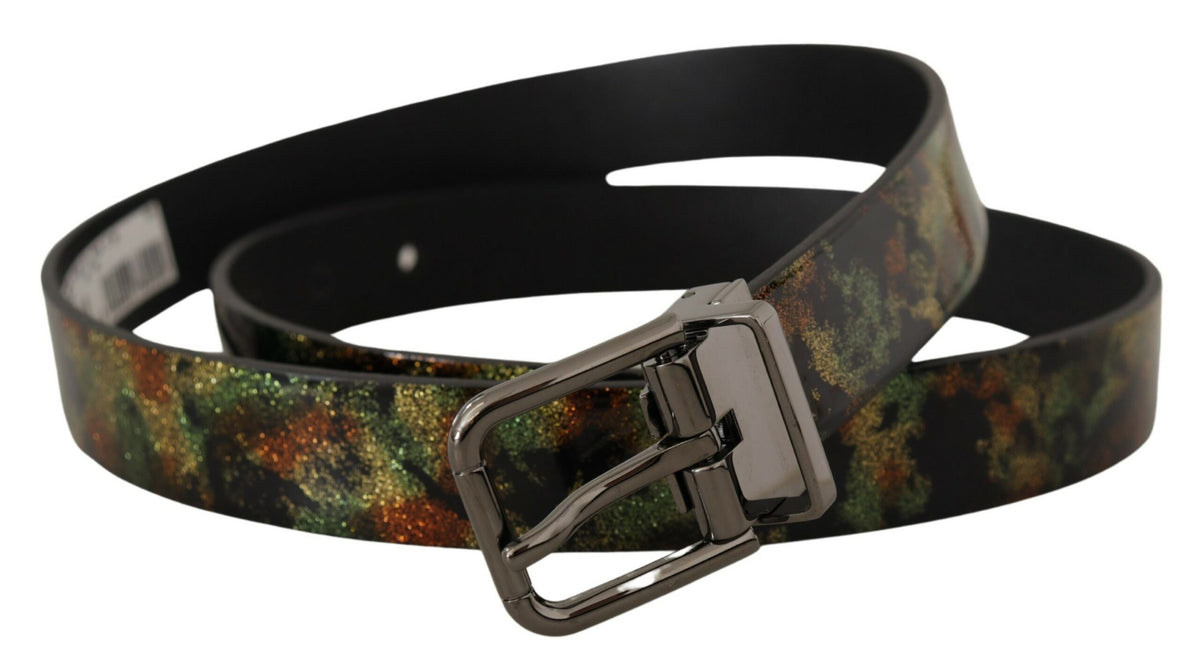 New Dolce & Gabbana Black Sparkling Leather Black Metal Buckle Belt