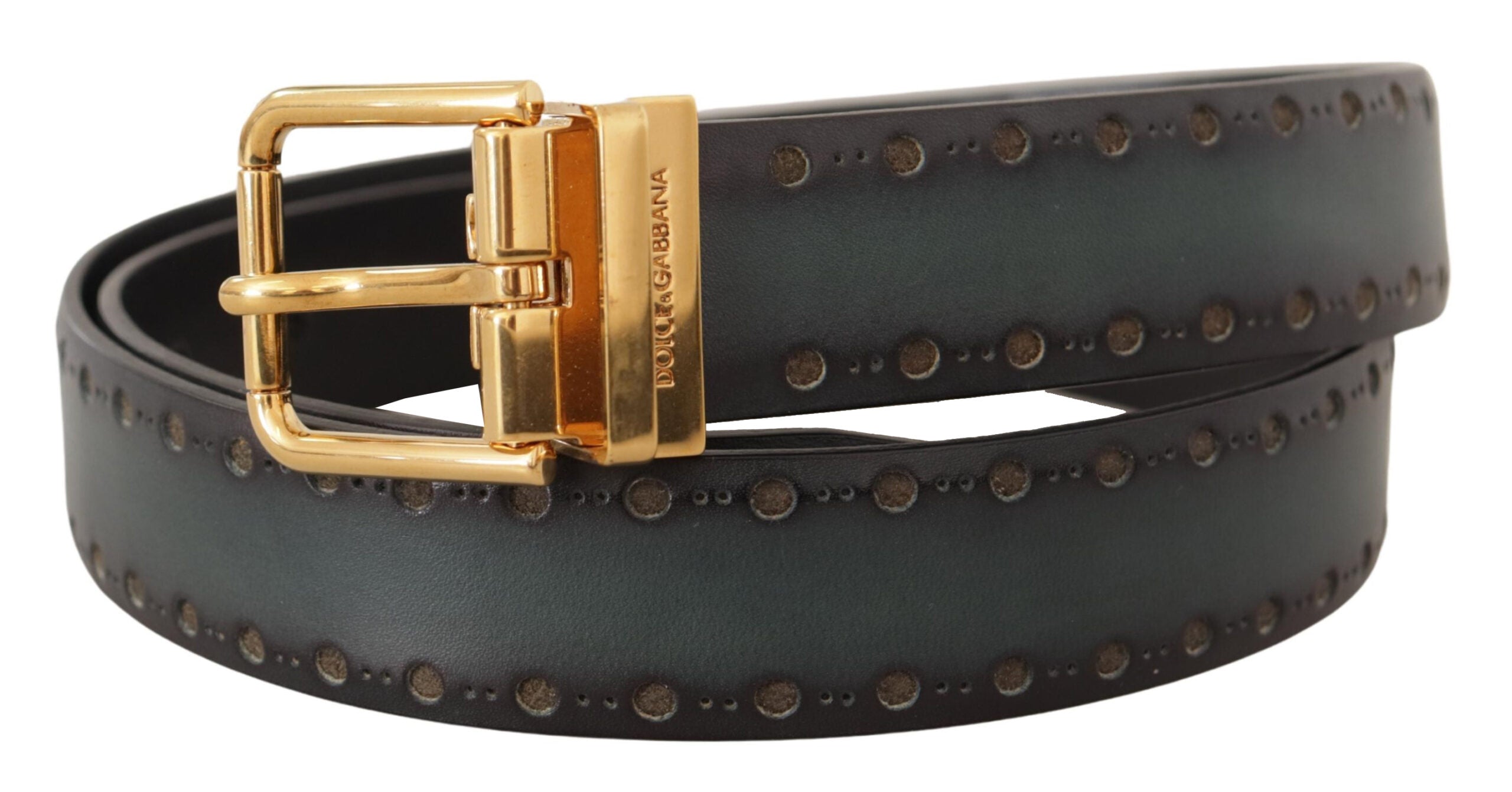New Dolce & Gabbana Green Perforated Leather Brass Metal Belt