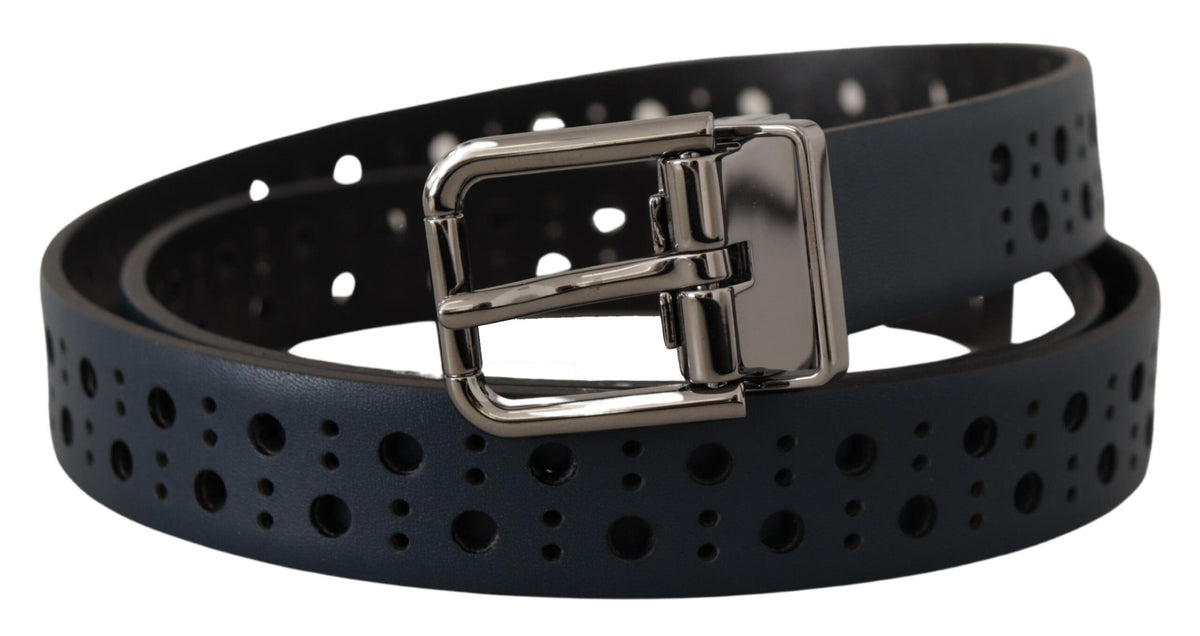 New Dolce & Gabbana Navy Blue Perforated Leather Skinny Metal Buckle Belt