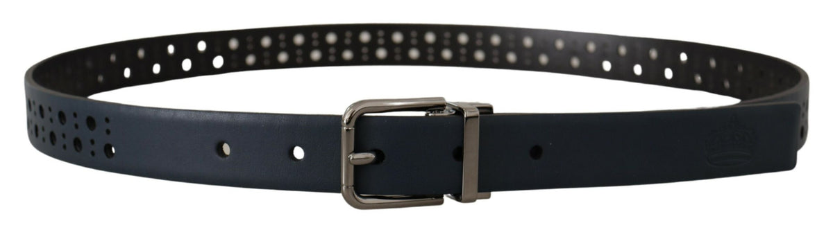 New Dolce & Gabbana Navy Blue Perforated Leather Skinny Metal Buckle Belt