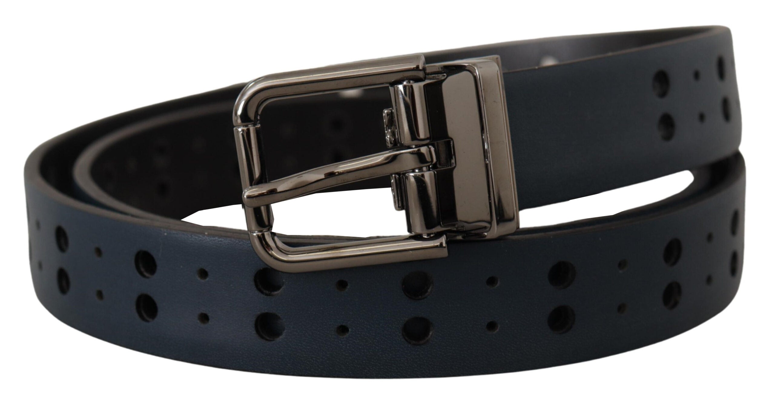 New Dolce & Gabbana Blue Perforated Skinny Leather Metal Buckle Belt