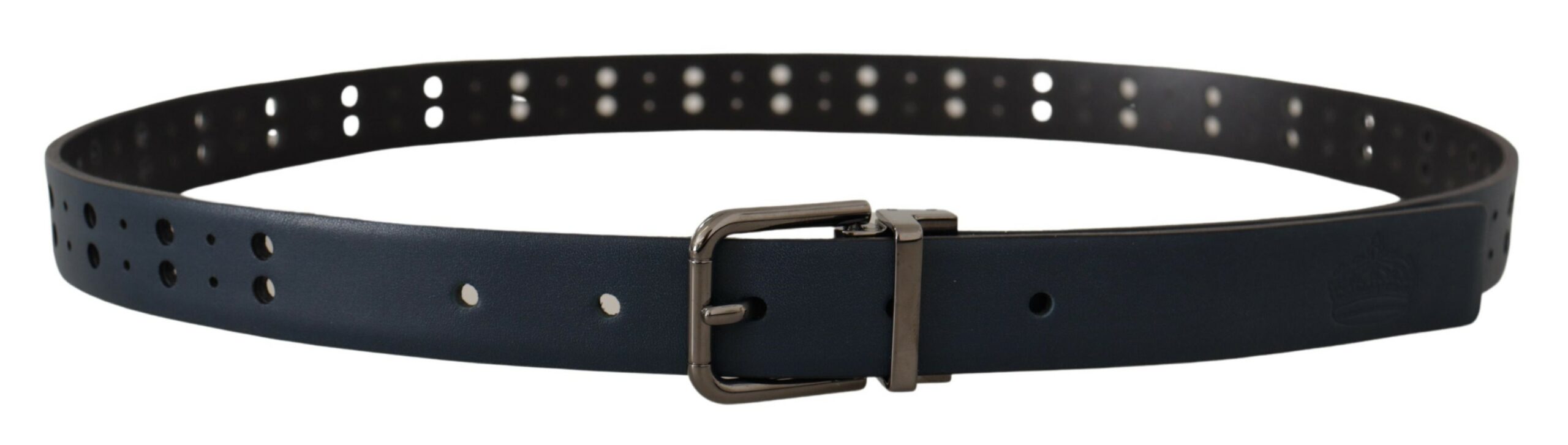 New Dolce & Gabbana Blue Perforated Skinny Leather Metal Buckle Belt