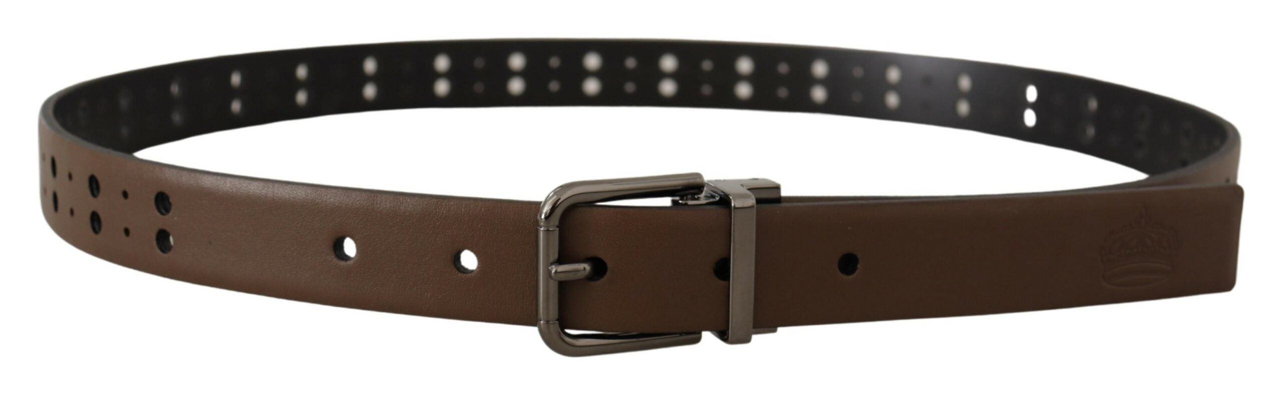 New Dolce & Gabbana Dark Brown Perforated Leather Metal Belt