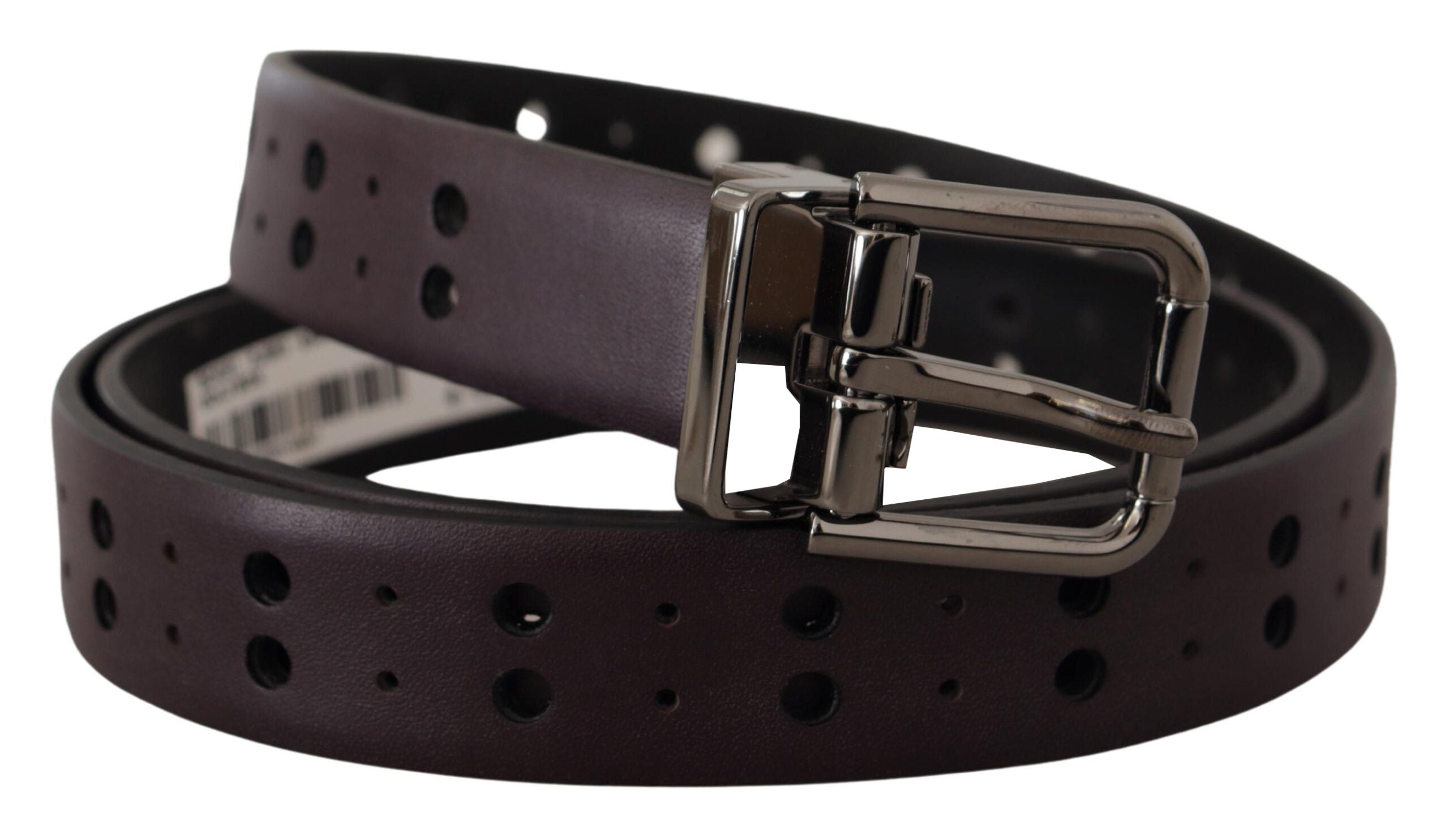 New Dolce & Gabbana Burgundy Leather Perforated Metal Buckle Belt