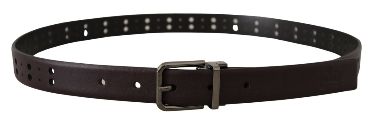 New Dolce & Gabbana Burgundy Leather Perforated Metal Buckle Belt