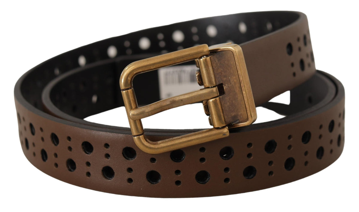 New Dolce & Gabbana Brown Leather Perforated Crown Belt