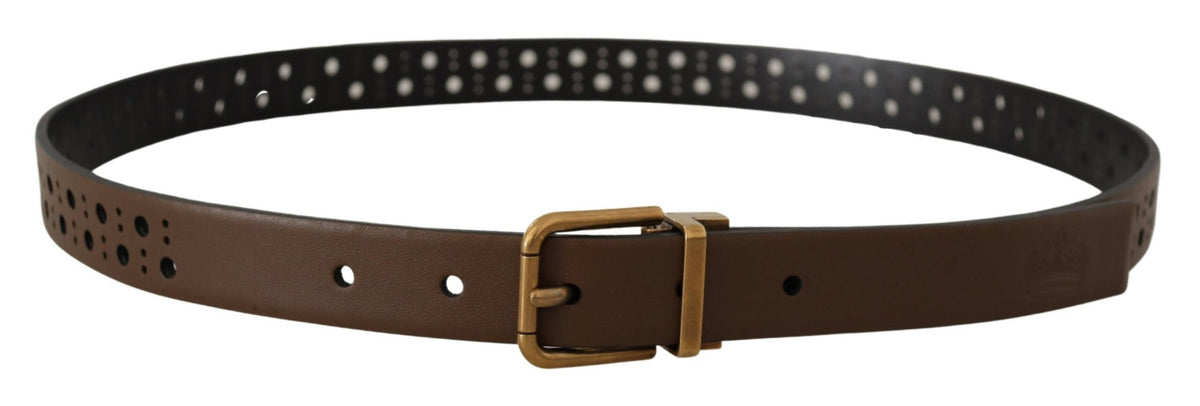 New Dolce & Gabbana Brown Leather Perforated Crown Belt