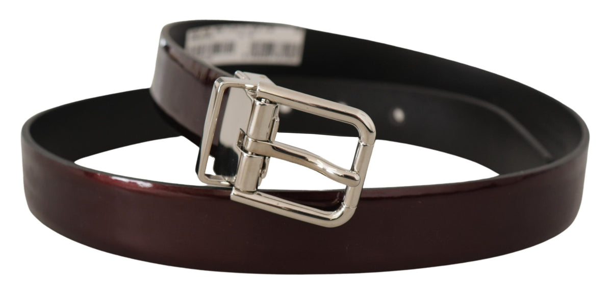 New Dolce & Gabbana Brown Patent Leather Silver Metal Buckle Belt
