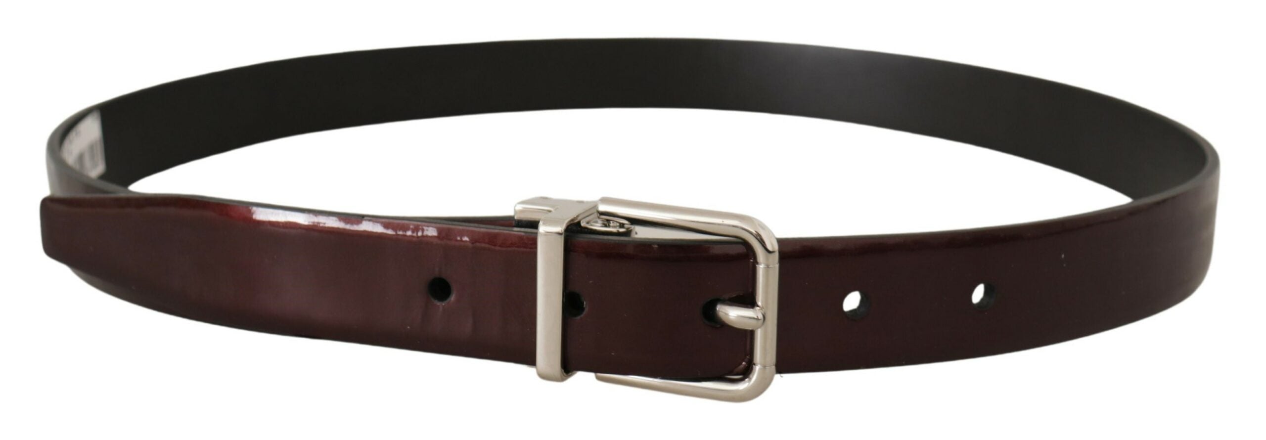 New Dolce & Gabbana Brown Patent Leather Silver Metal Buckle Belt